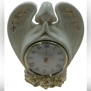 Vintage Avon Collectible Ceramic Praying Angel Tabletop Clock with Gold Rose